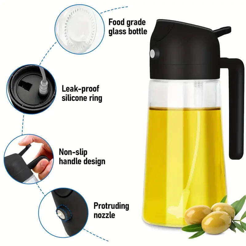 2 in 1 oil dispenser and sprayer for kitchen, Transparent glass bottle (1 Litre)