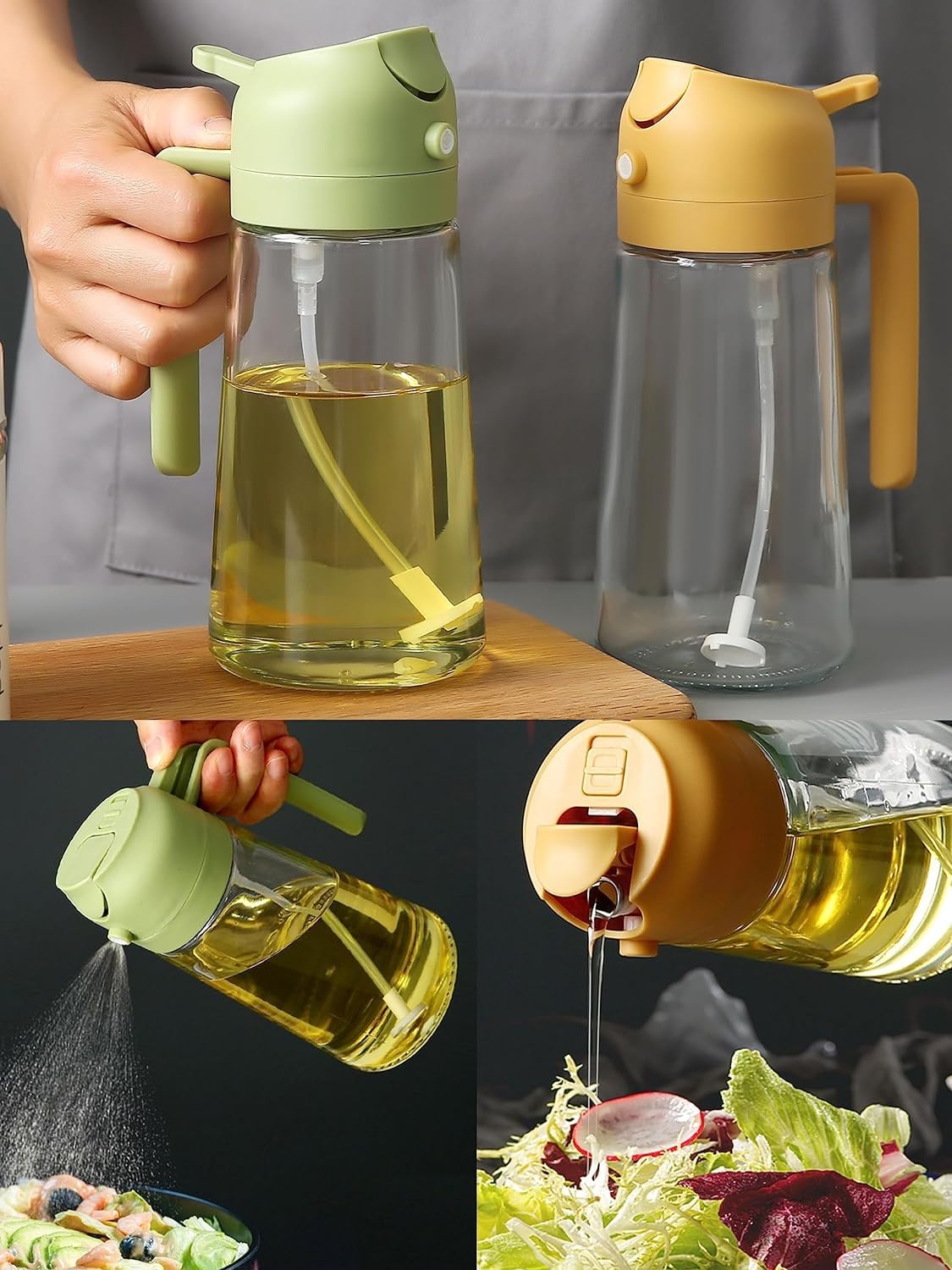 2 in 1 oil dispenser and sprayer for kitchen, Transparent glass bottle (1 Litre)